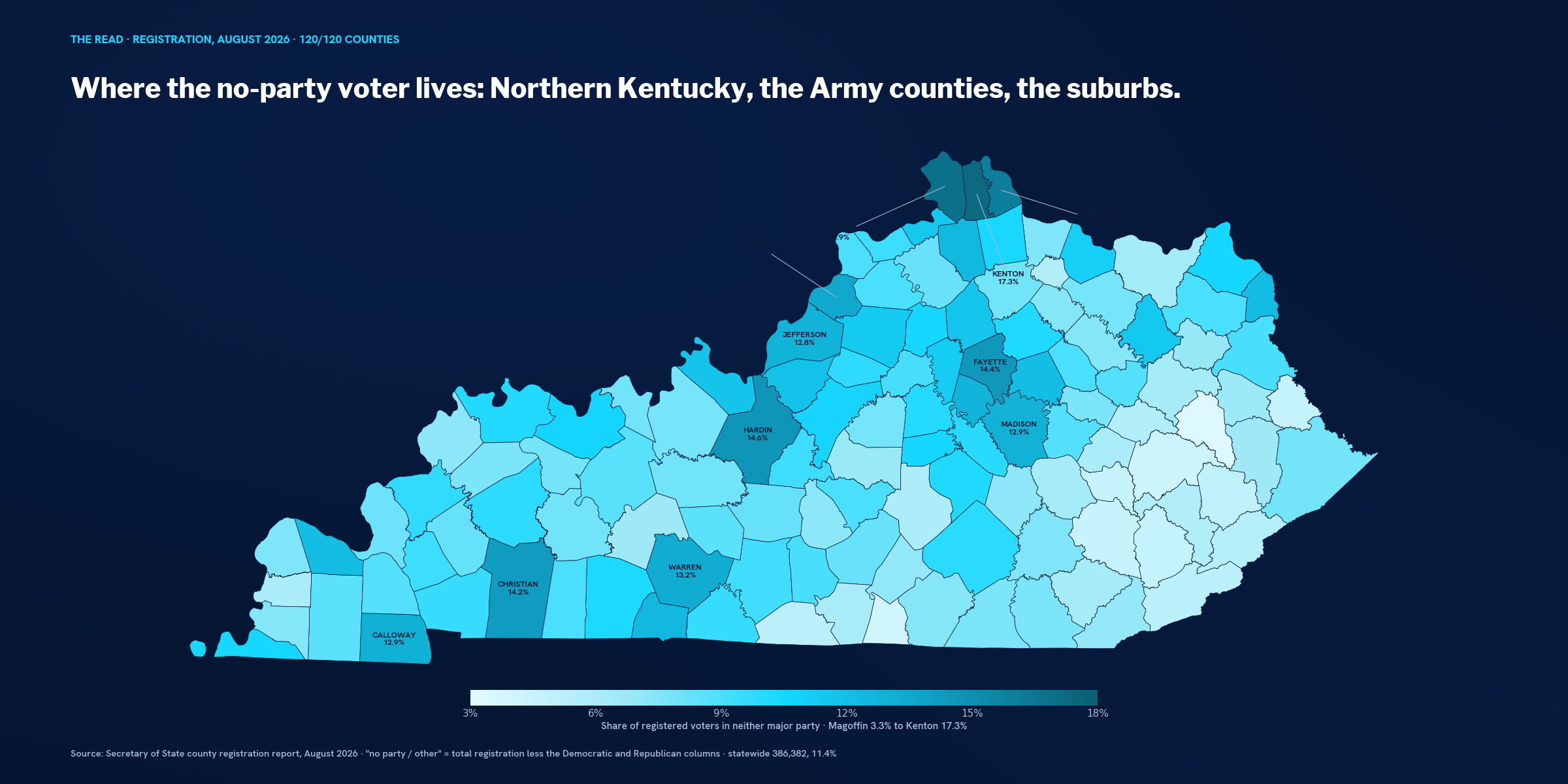 County map of Kentucky shaded by the share of registered voters in neither major party. Northern Kentucky is darkest, followed by Fayette, Hardin, Christian, Oldham, Warren and Jefferson; eastern Kentucky is lightest.